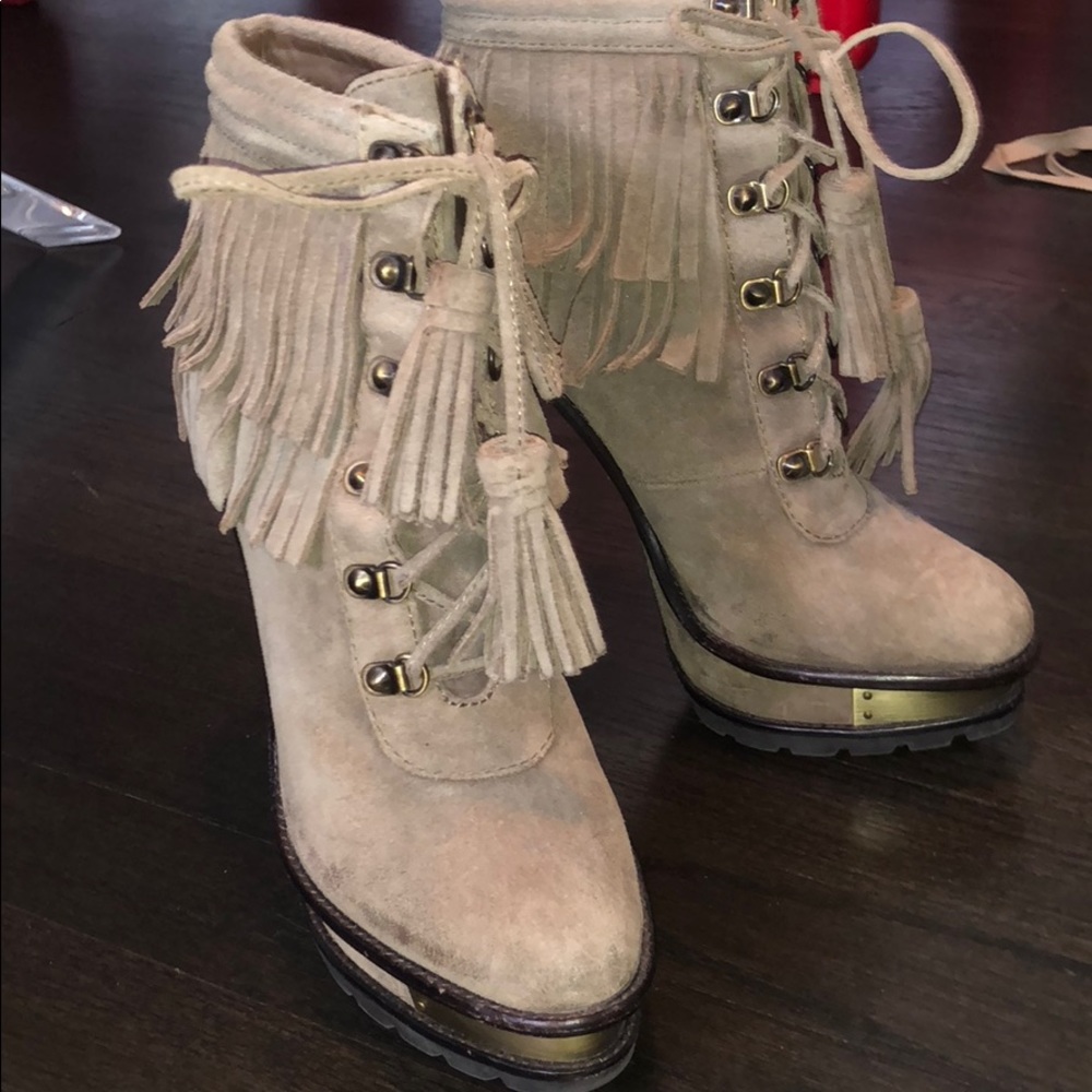 Brian Atwood Tempesta Fringe Ankle Booties Taupe 8